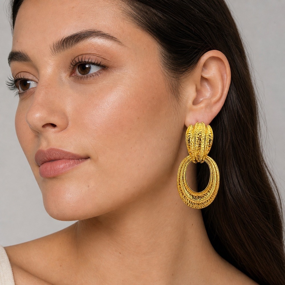 Avon Clip On Earrings Gold Excellent Textured Door Knocker Vintage 80s Statement